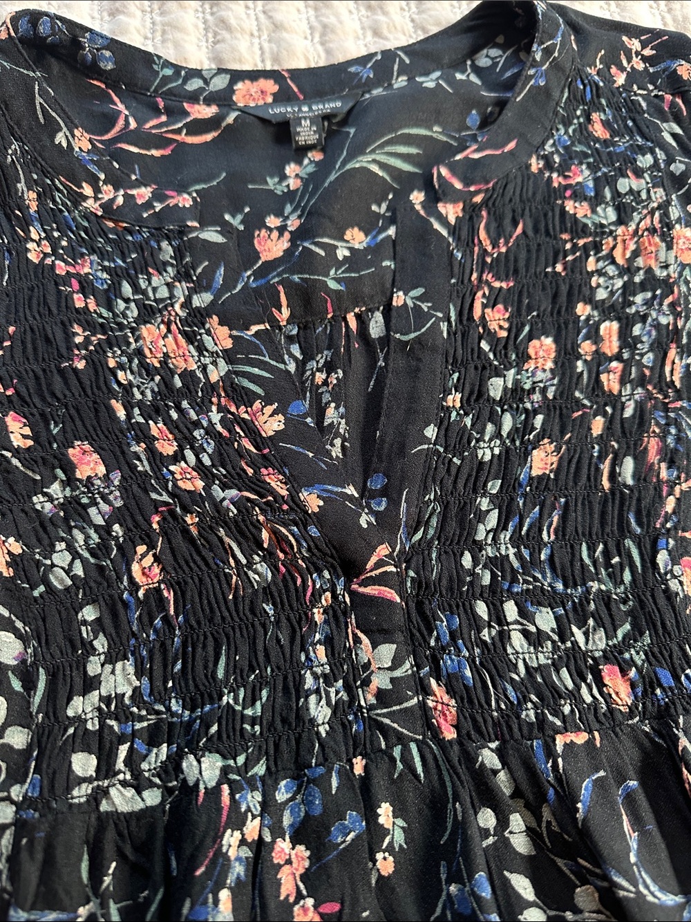 Lucky Brand Black Floral V-Neck Smocked Blouse - Picture 3 of 5